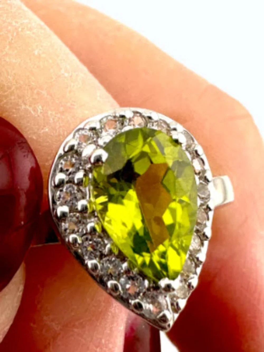 Annabella Peridot White Topaz Halo Ring 925 Sterling Silver Pear Cut Size 6